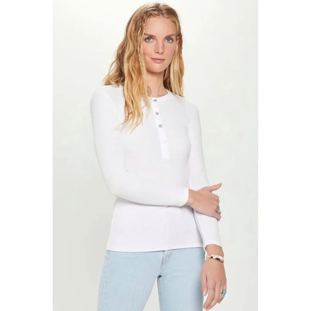 Goldie Le Winter Henley Top Womens L White Ribbed Modal Long Sleeve Luxe Basic
